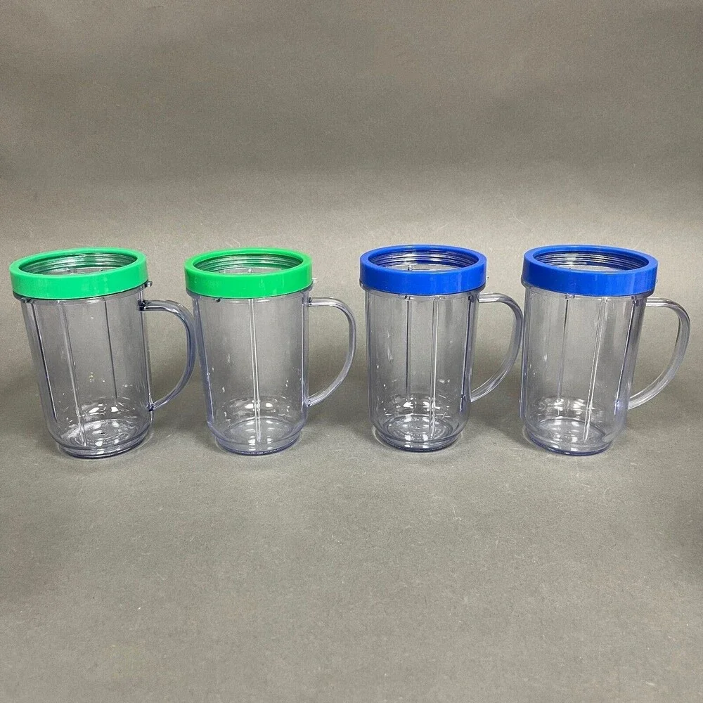 Magic Bullet Cups Party‎ Mugs with Green Blue Comfort Lip Rings Lot of 4